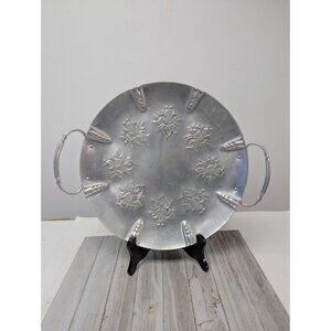 Vintage Hammered Aluminum Serving Tray Round Scalloped Border Twist Handles